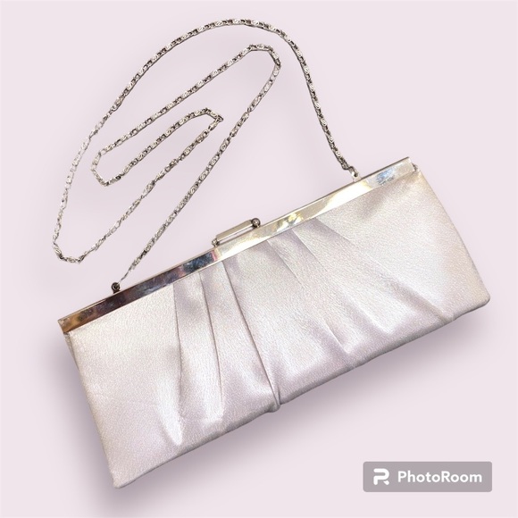 Jessica McClintock Handbags - Jessica McClintock East West Satin Frame Clutch, silver evening bag, EUC